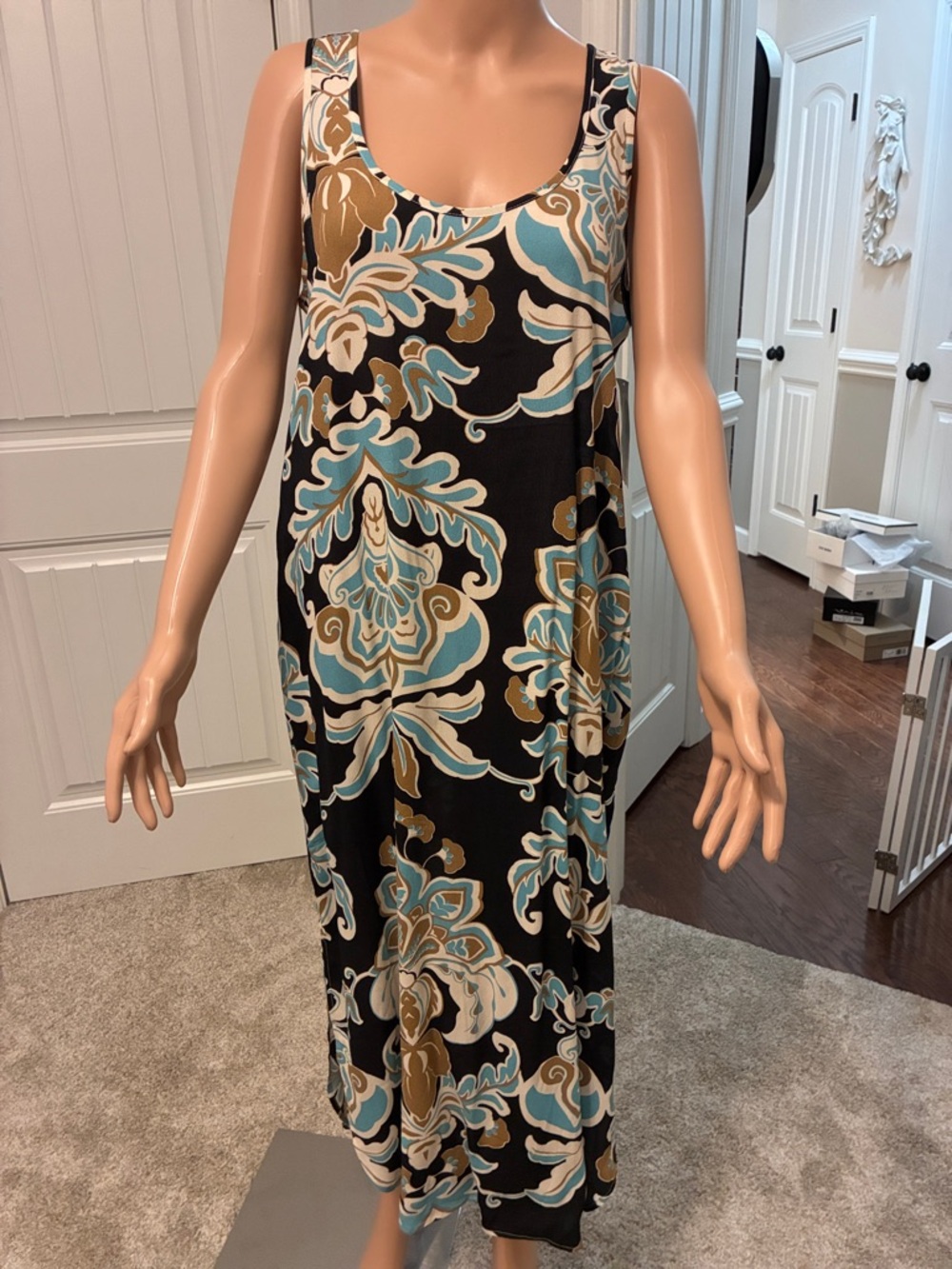Karen Kane Black Maxi Dress with Teal and Tan Floral Print